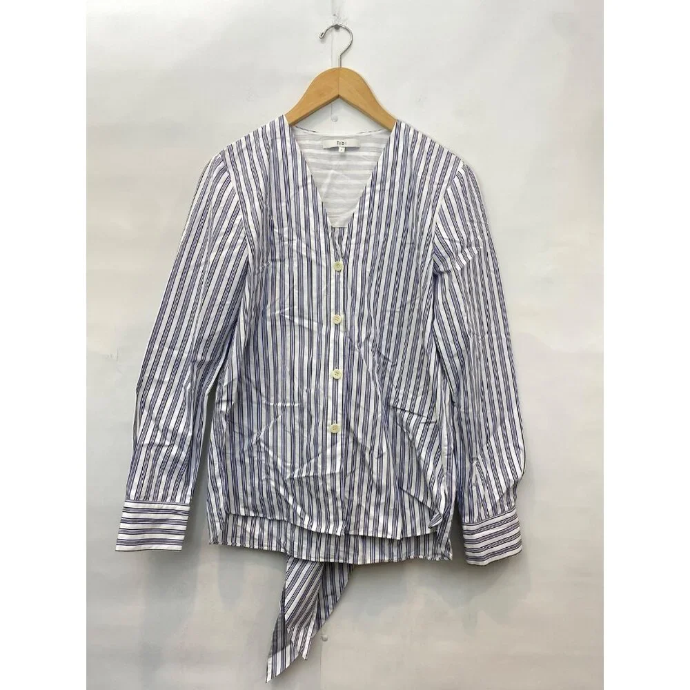 Tibi Liam Stripe V-Neck Shirt with Removable Tie Long Sleeve Button Front Size 2 - Picture 3 of 7